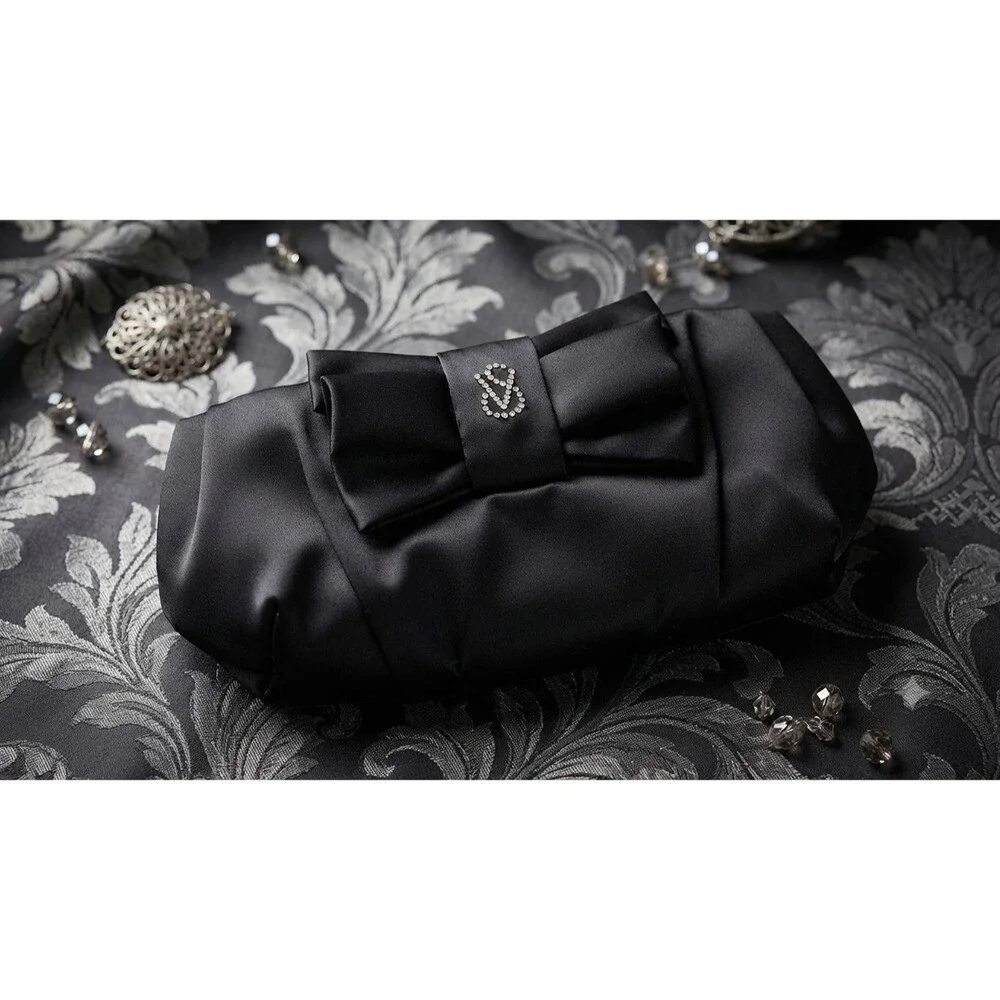 Victorias Secret Black Satin Bow Clutch Bag Rhinestone Embellished Evening Purse